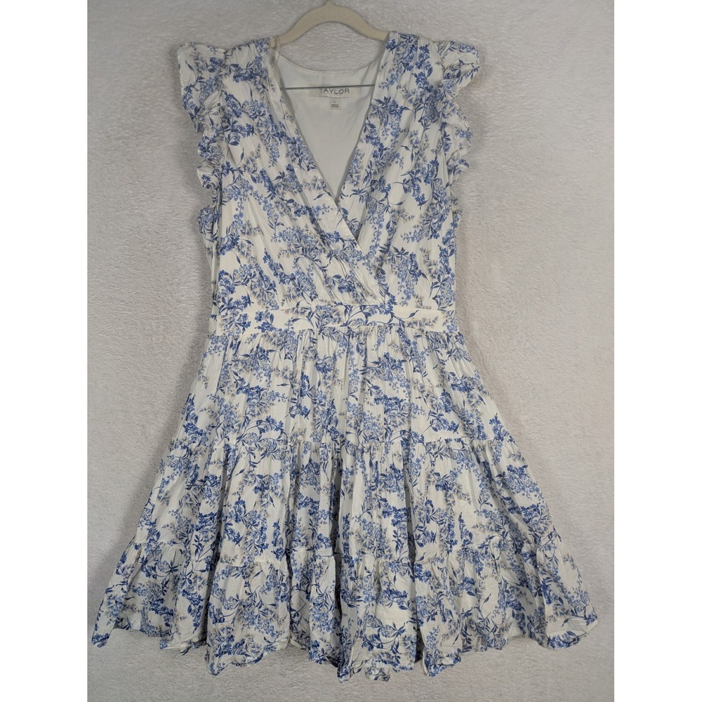 Taylor Dress Women's L White Blue Floral Ruffle Tiered V-Neck Cap Sleeve